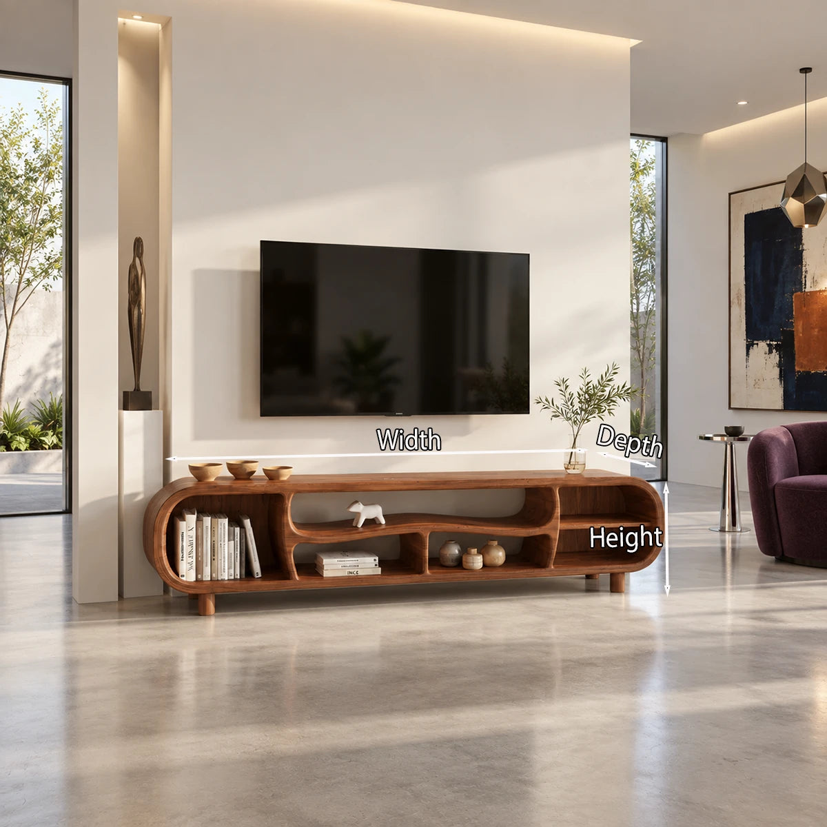 Television stand in natural solid wood with curved frame and practical shelf storage