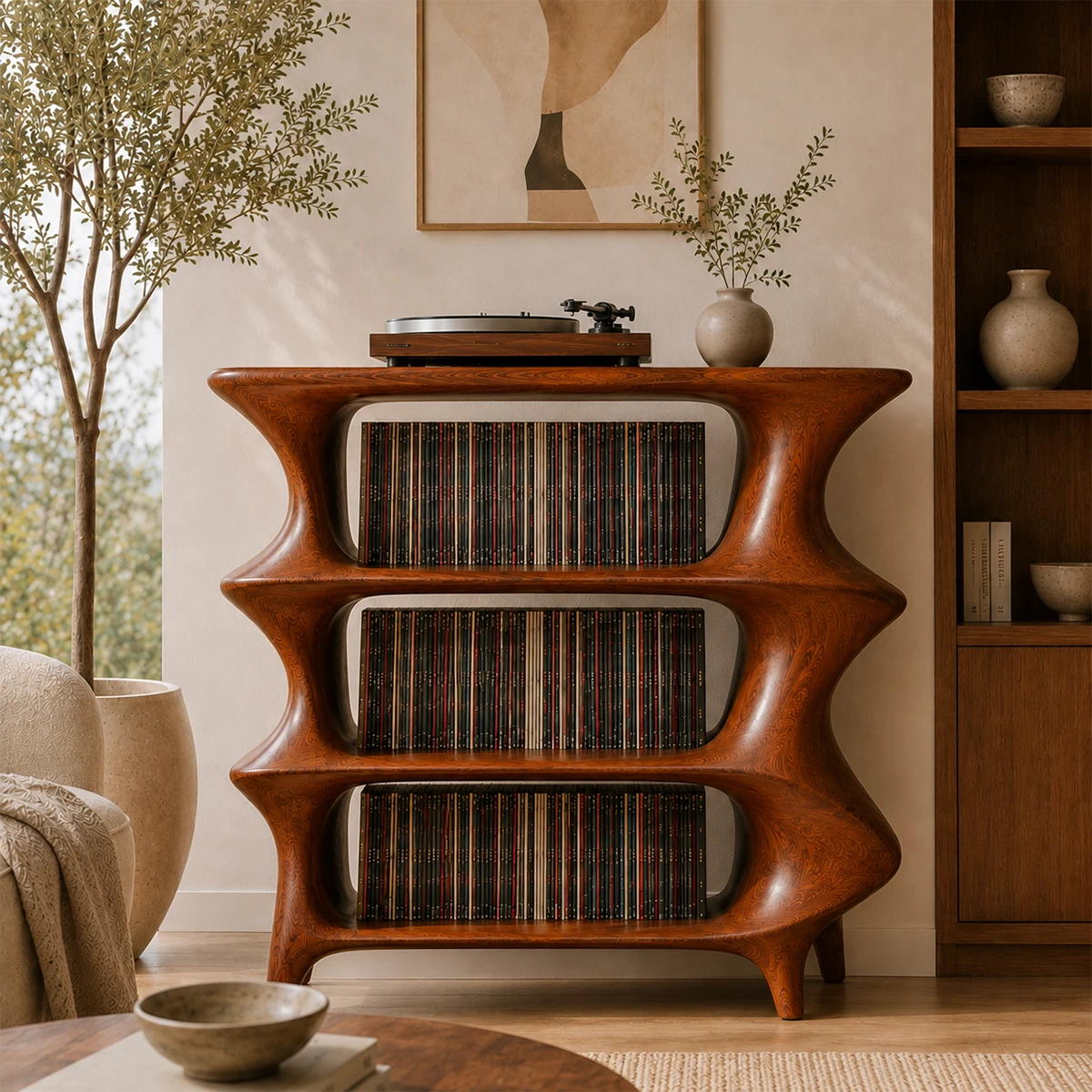Elegant vinyl display cabinet combining album storage and artistic craftsmanship