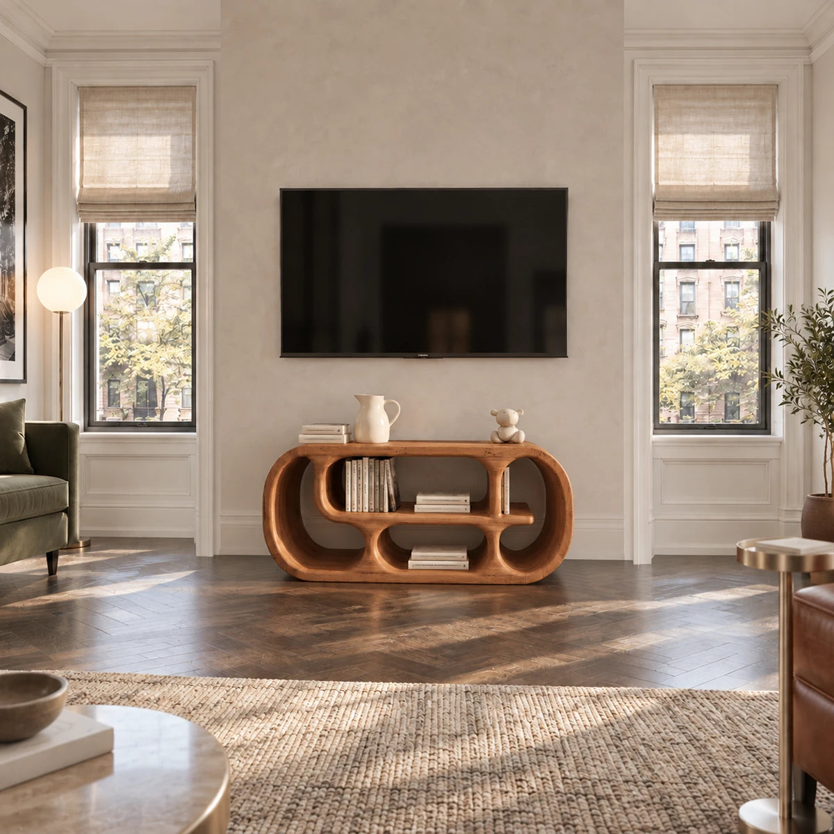 Sculptural TV stand in natural solid wood with rounded storage and modern styling