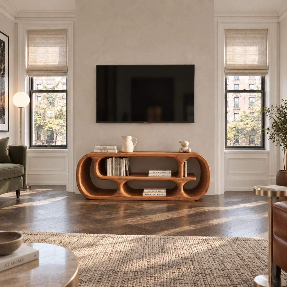 Streamlined TV cabinet in natural solid wood with rounded corners and open storage