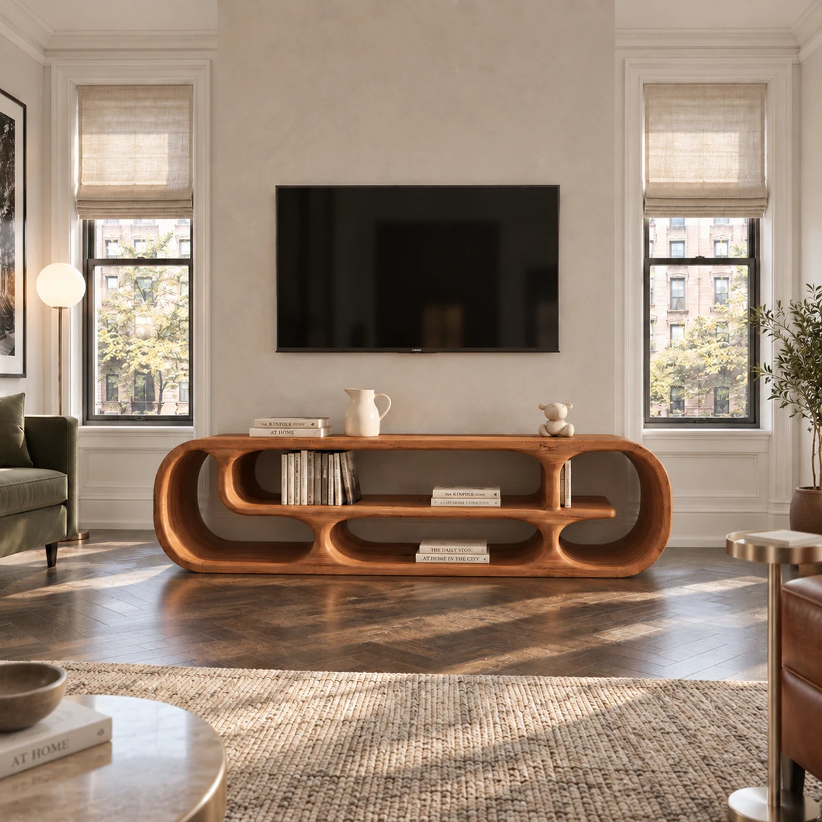 Versatile entertainment console in natural solid wood with sculpted cubby sections