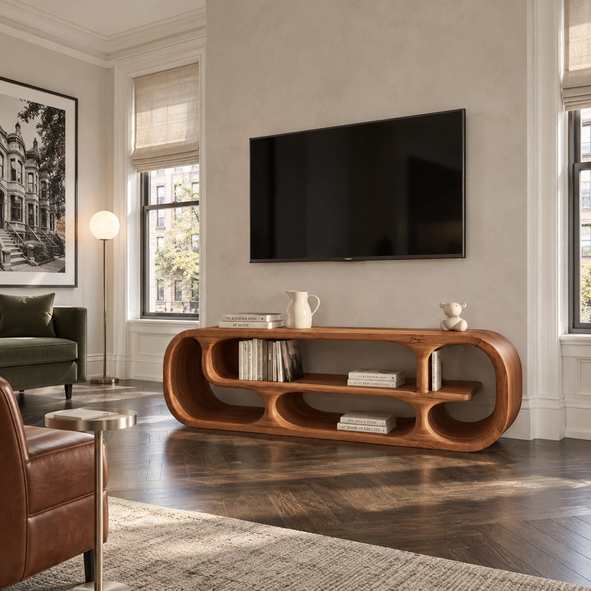 Rounded natural solid wood TV stand with sculptural open shelving and curved form