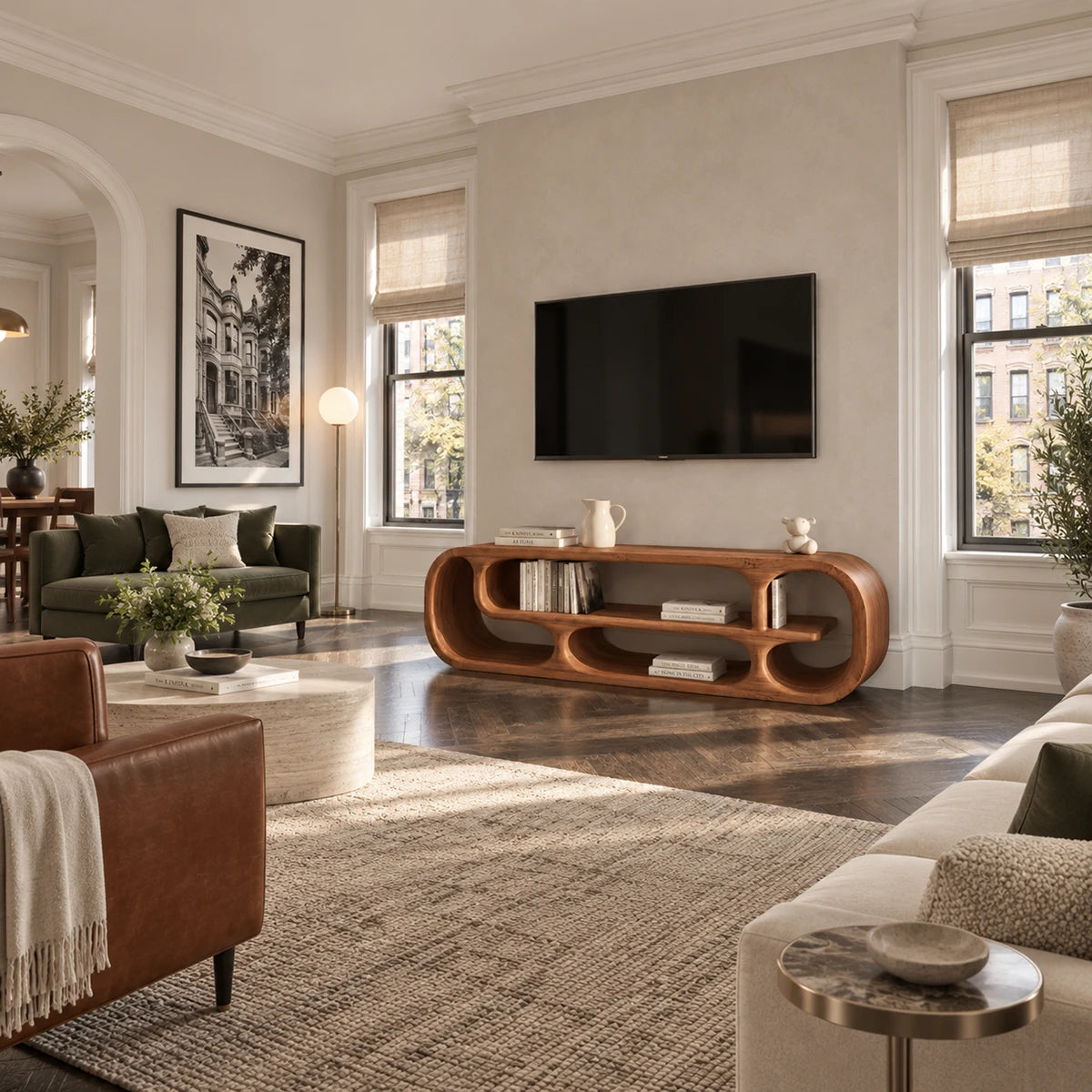 Modern media console in natural solid wood with rounded cubbies and soft edge design