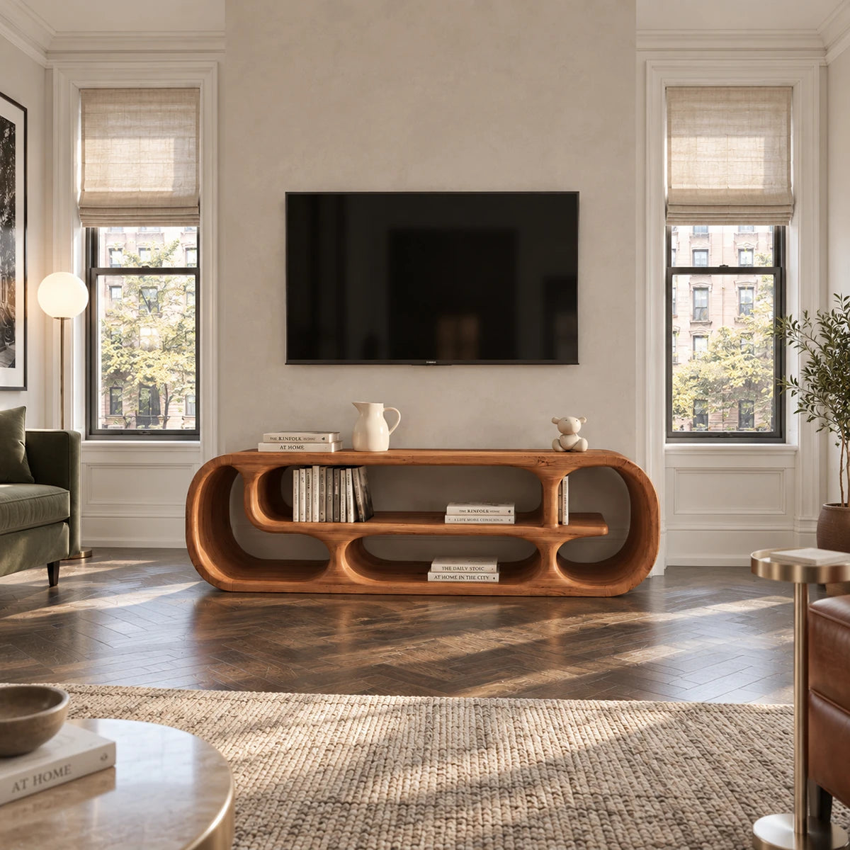 Organic entertainment center in natural solid wood with open storage compartments