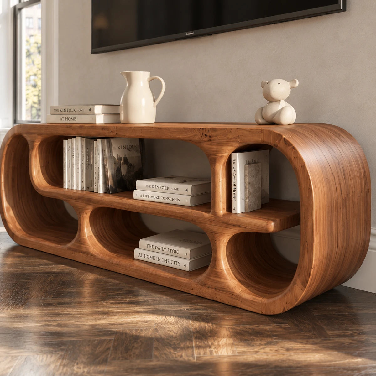 Contemporary TV cabinet in natural solid wood with flowing shelves and rounded ends