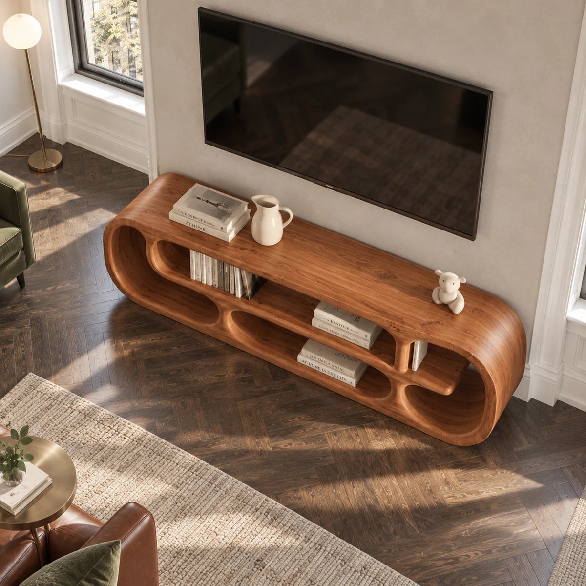 Low profile media unit in natural solid wood with smooth curves and open niche storage