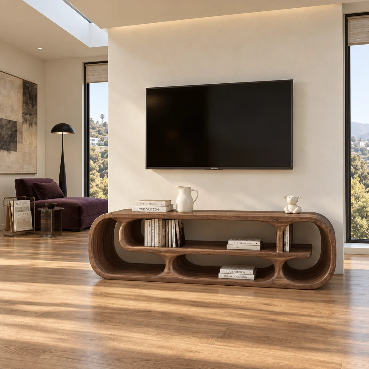 Elegant television stand in natural solid wood with sculptural rounded cubby design