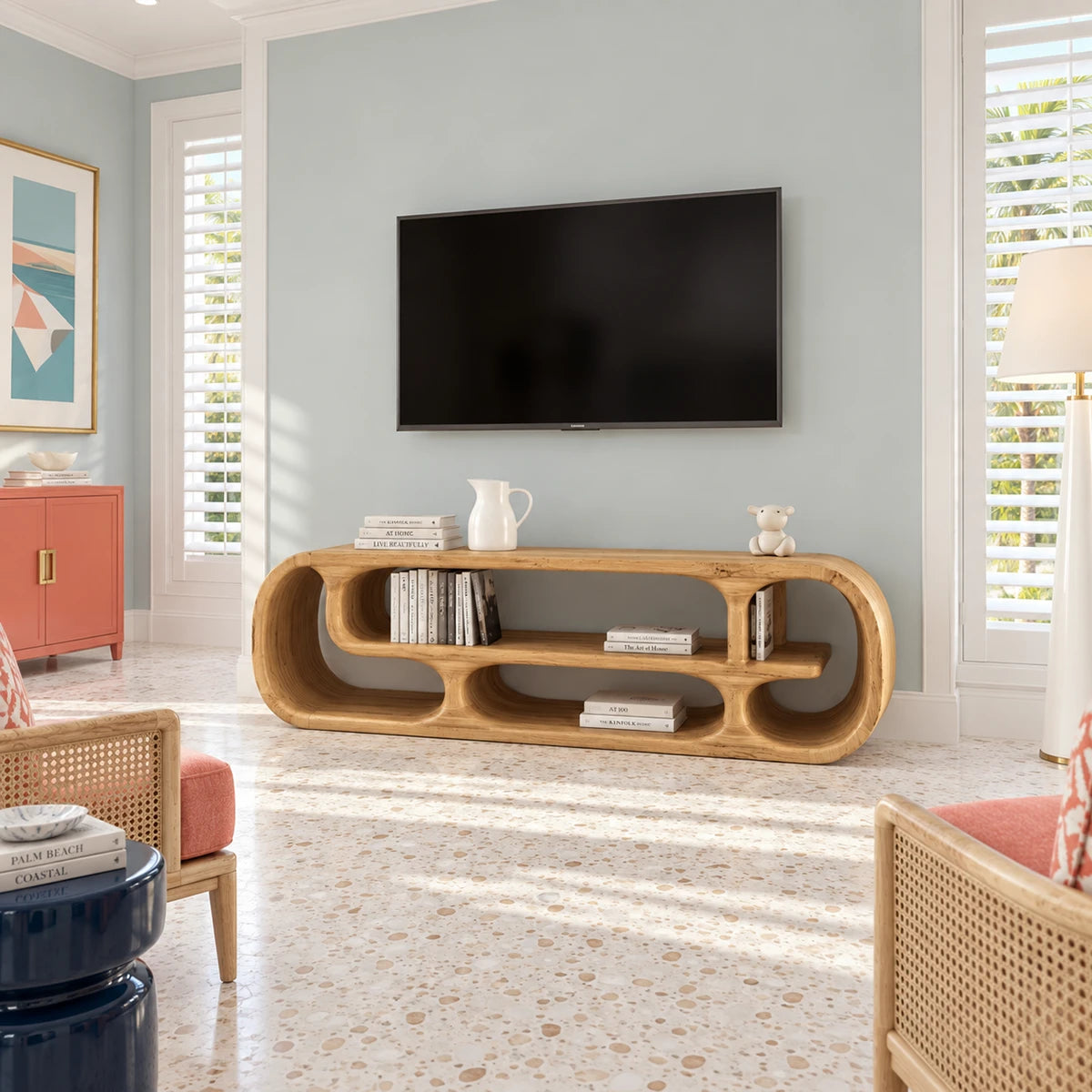 Minimalist TV console in natural solid wood with airy open shelves and curved frame
