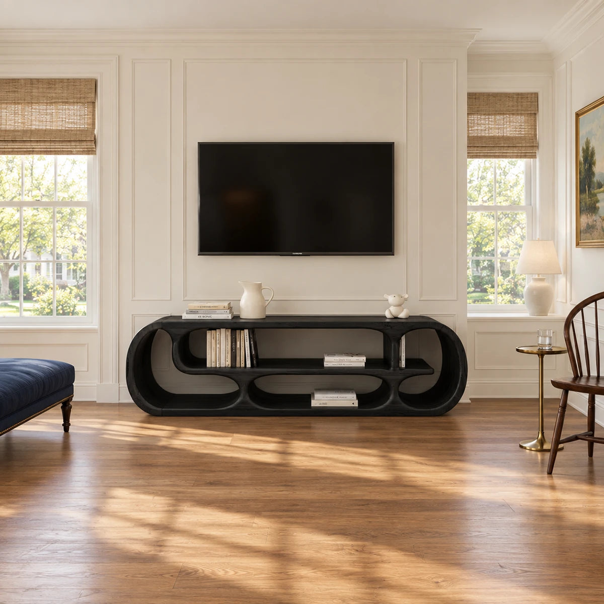 Architectural media cabinet in natural solid wood with rounded open display spaces