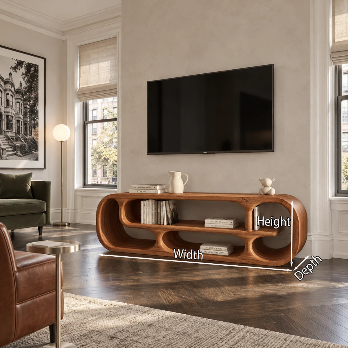 Refined entertainment unit in natural solid wood with organic shelves and soft form