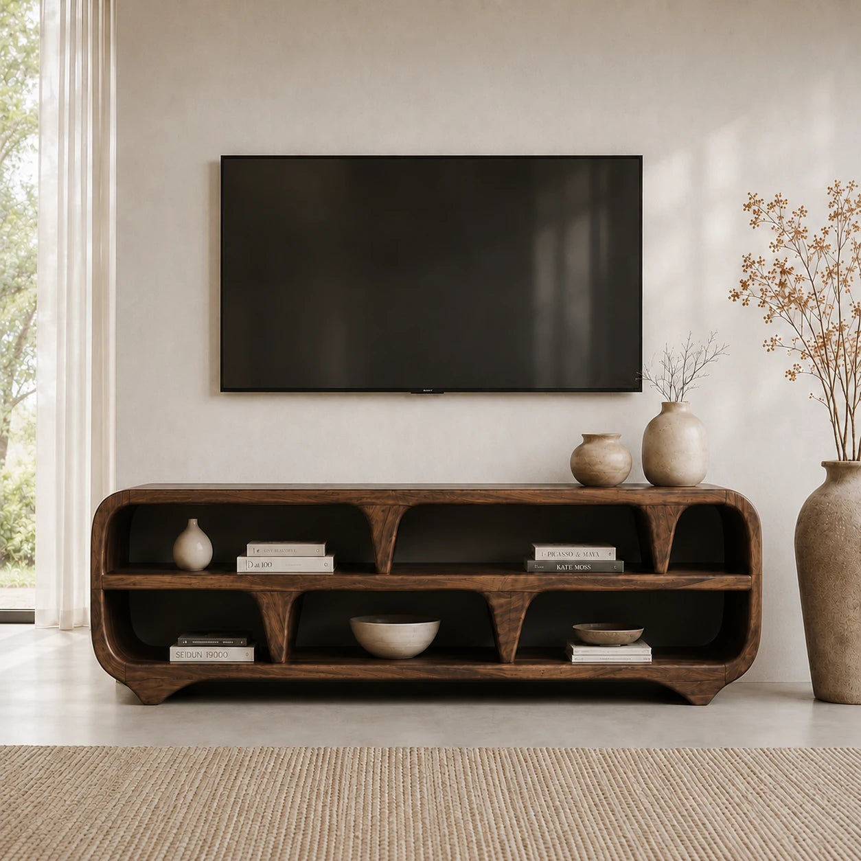 Sculptural Solid Wood TV Stand with Open Shelf Storage Console Design - ArborisWood - 14