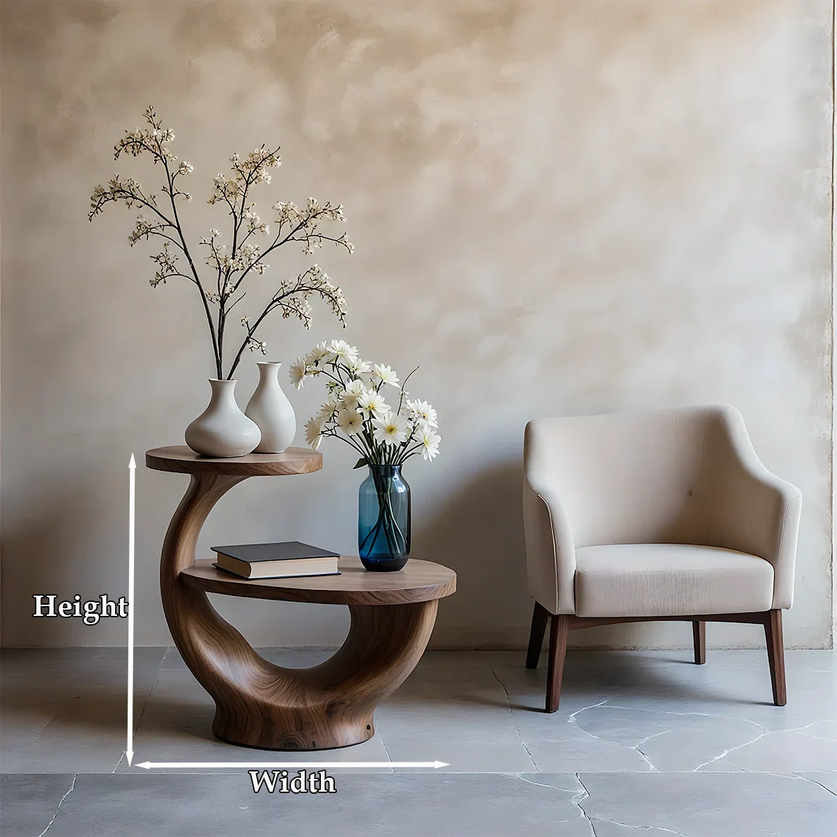 The walnut tone end table combines sculptural base detail with practical top surface