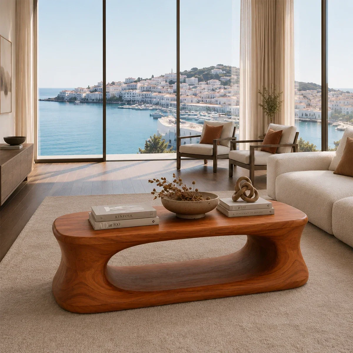 Contemporary coffee table with smooth curved base and brown wood-look finish by sea