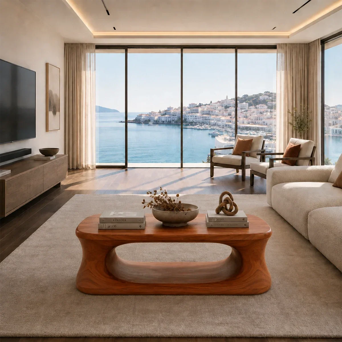 Oval coffee table with rounded open-frame base and warm brown wood-look surface
