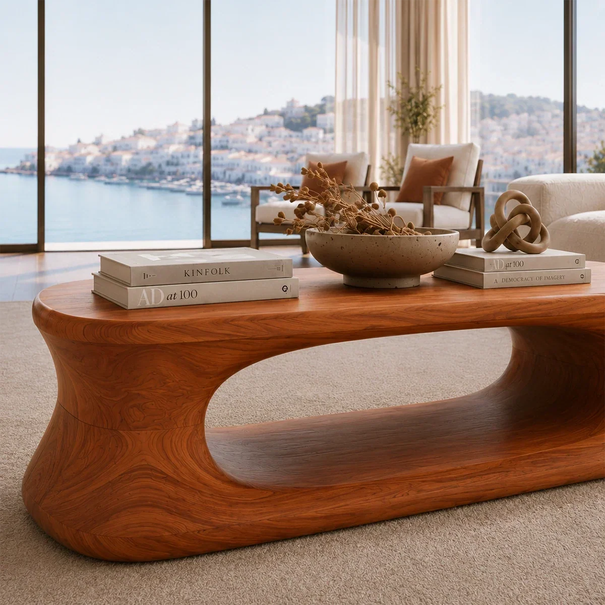 Living room coffee table with rounded silhouette and warm grain-look finish by window