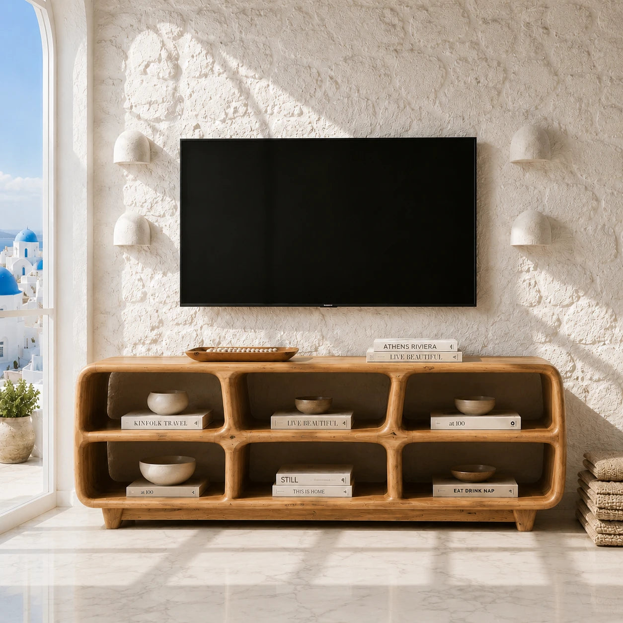 Six Compartment Solid Wood TV Stand with Tiered Open Shelving for Living Rooms - ArborisWood - 14