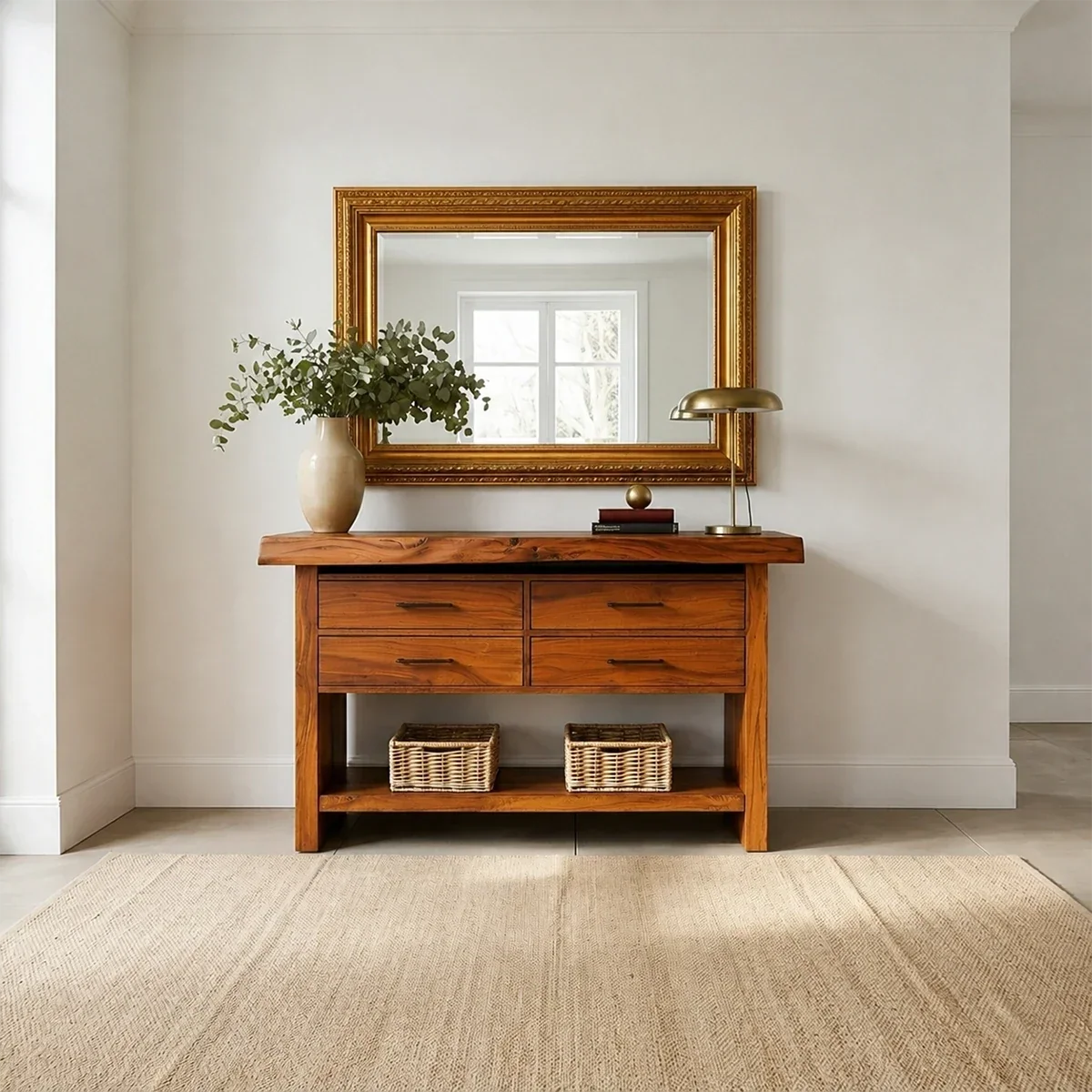 Six Drawer Console Table With Open Shelf in Natural Solid Wood - ArborisWood - 12