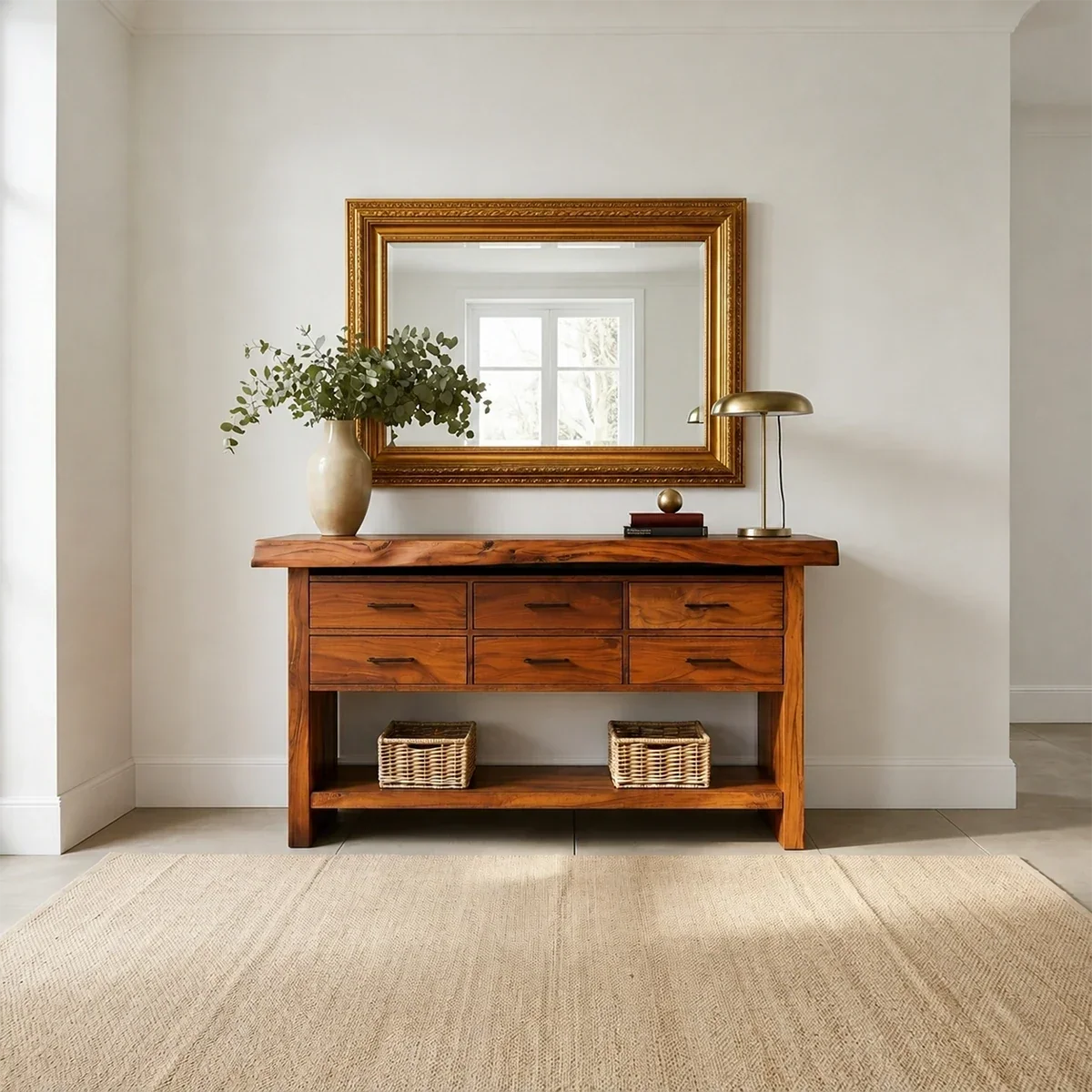 Six Drawer Console Table With Open Shelf in Natural Solid Wood - ArborisWood - 13
