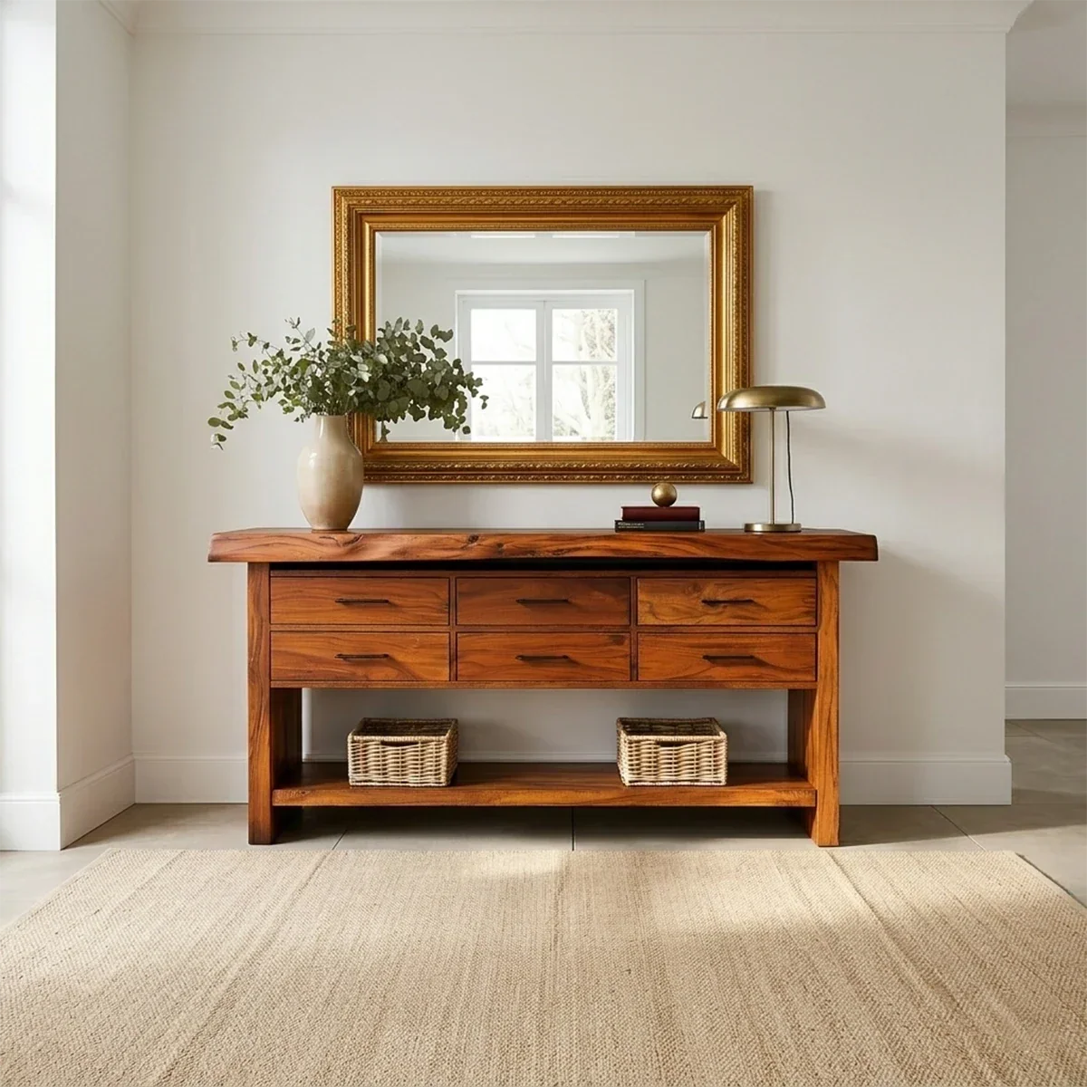 Six Drawer Console Table With Open Shelf in Natural Solid Wood - ArborisWood - 14