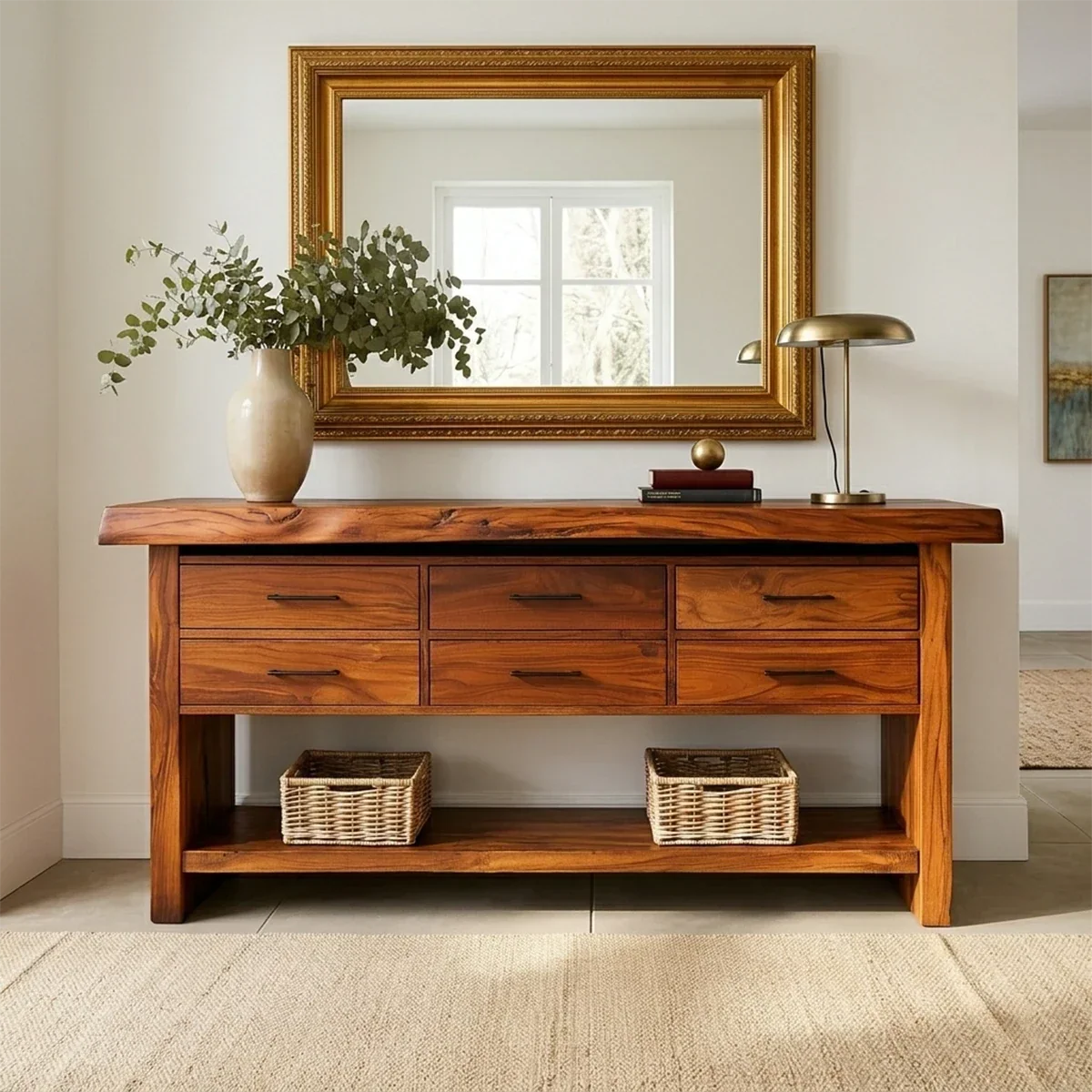 Six Drawer Console Table With Open Shelf in Natural Solid Wood - ArborisWood - 3
