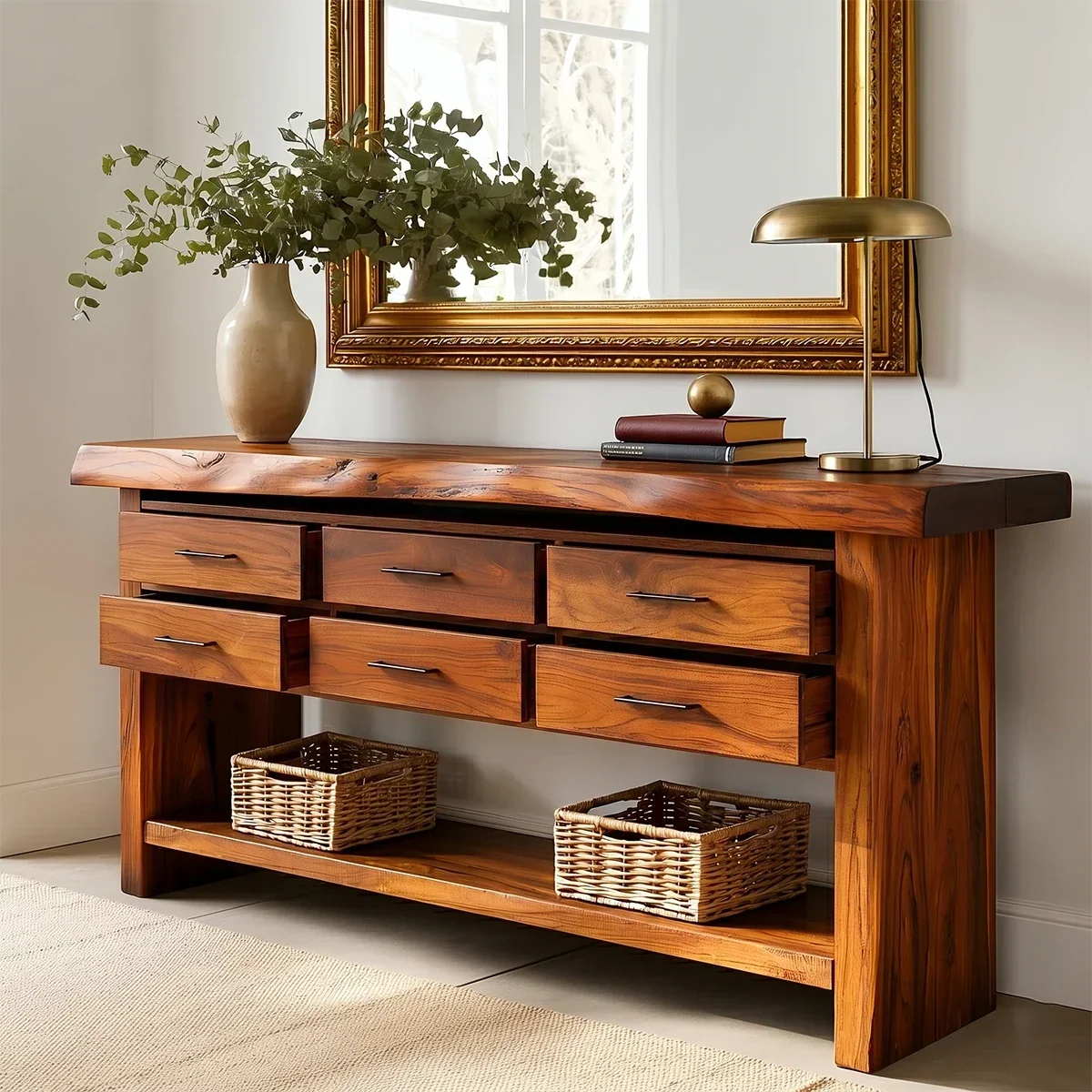Six Drawer Console Table With Open Shelf in Natural Solid Wood - ArborisWood - 5