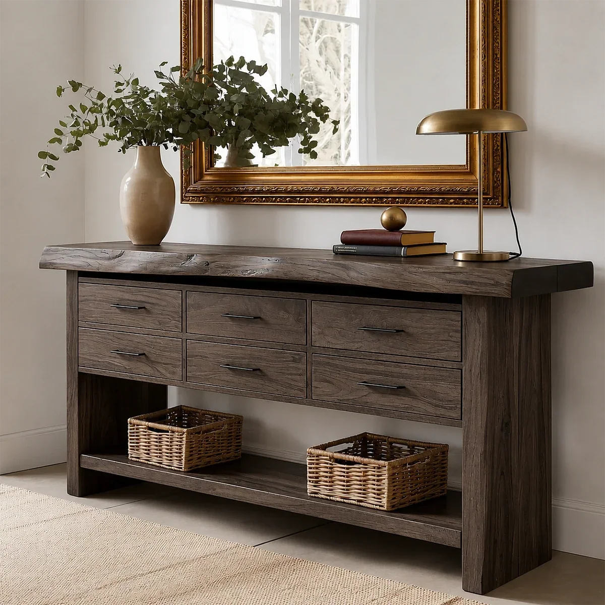 Six Drawer Console Table With Open Shelf in Natural Solid Wood - ArborisWood - 7