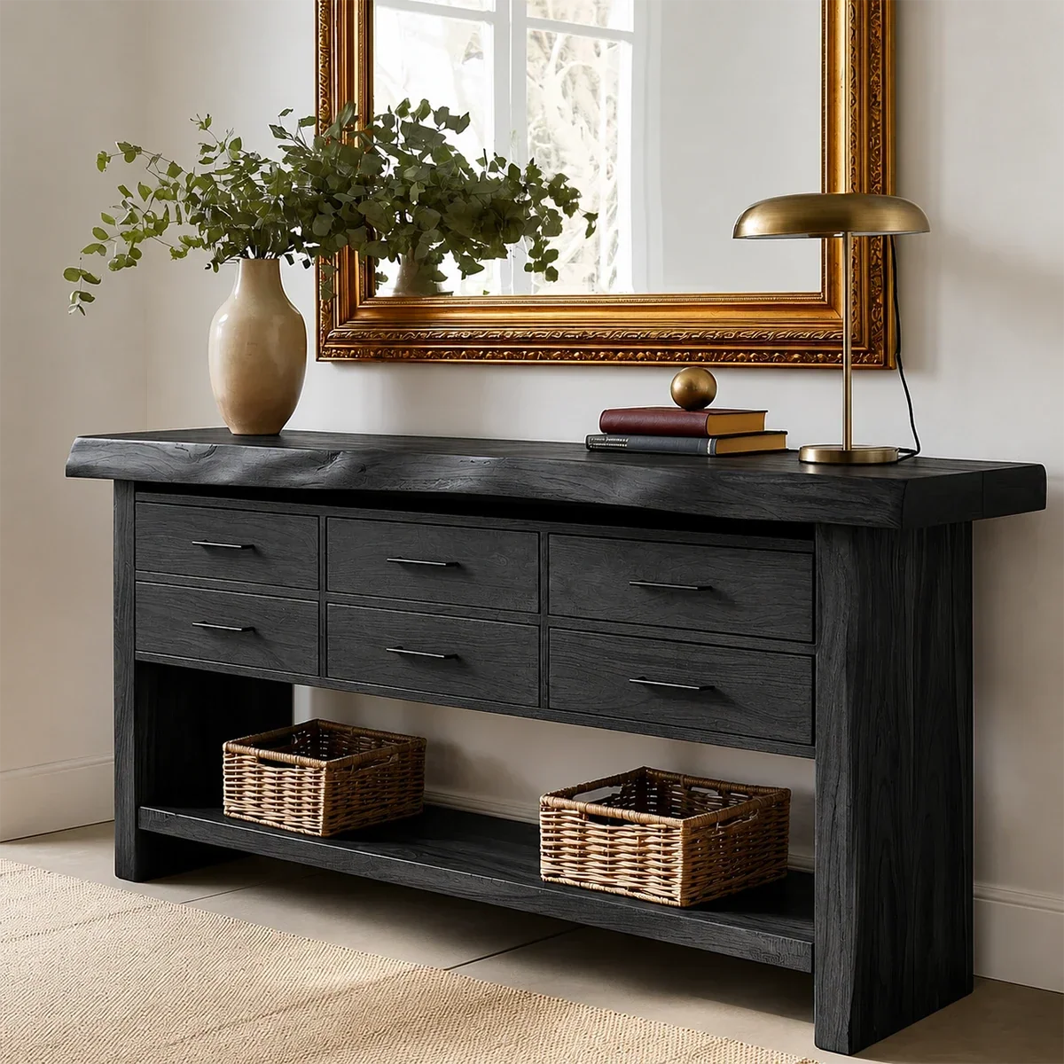 Six Drawer Console Table With Open Shelf in Natural Solid Wood - ArborisWood - 9
