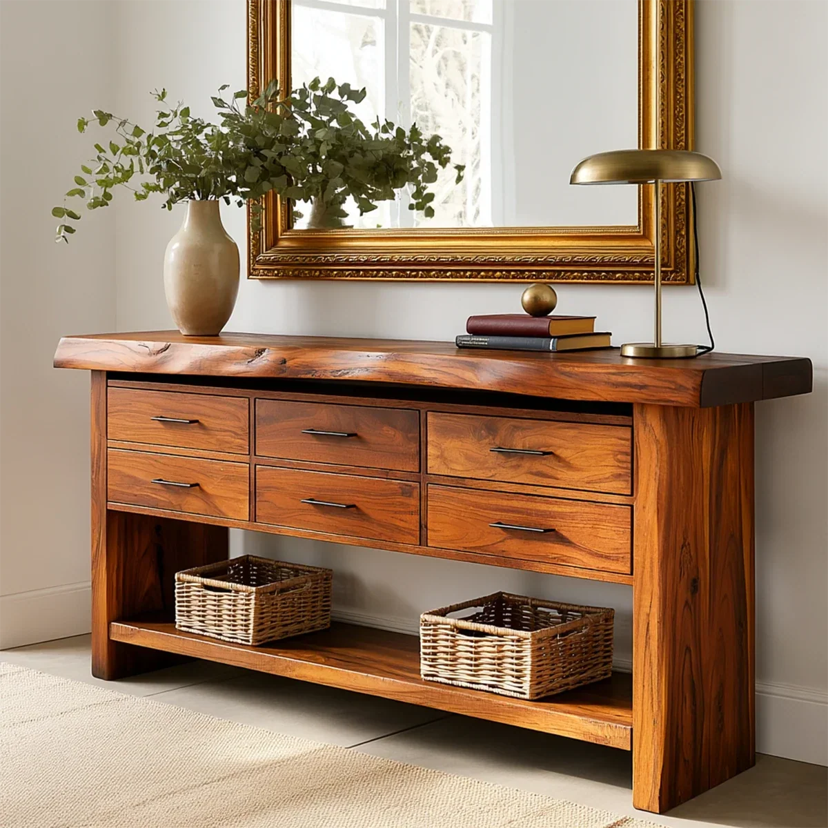 Six Drawer Console Table With Open Shelf in Natural Solid Wood - ArborisWood