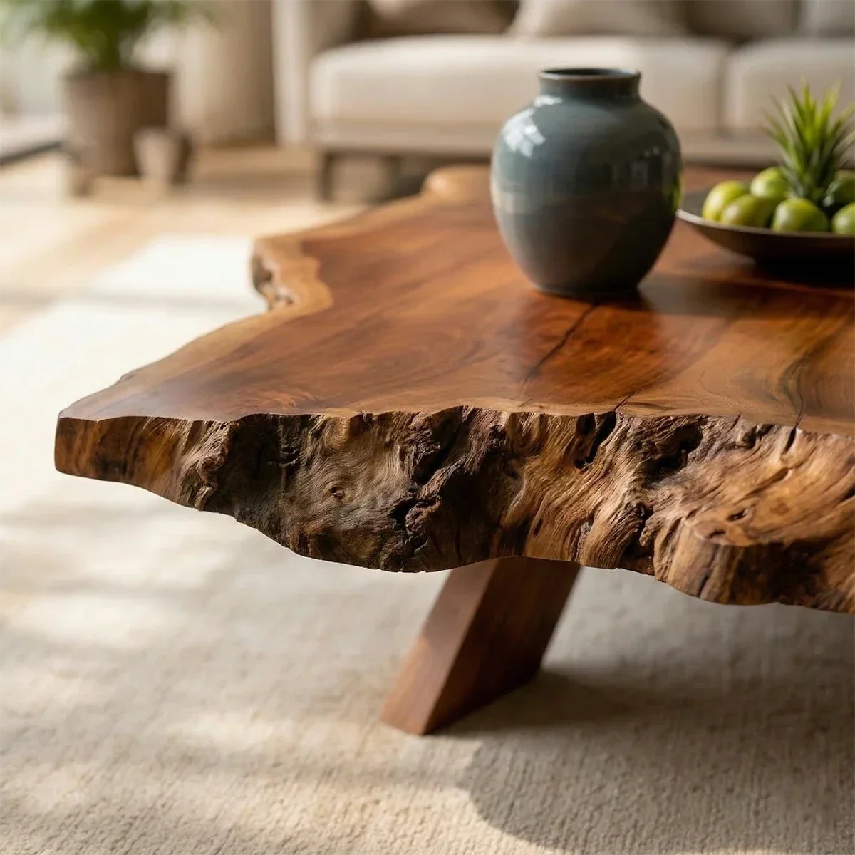 Solid Wood Coffee Table with Live Edge Slab and Rustic Base - ArborisWood - 4