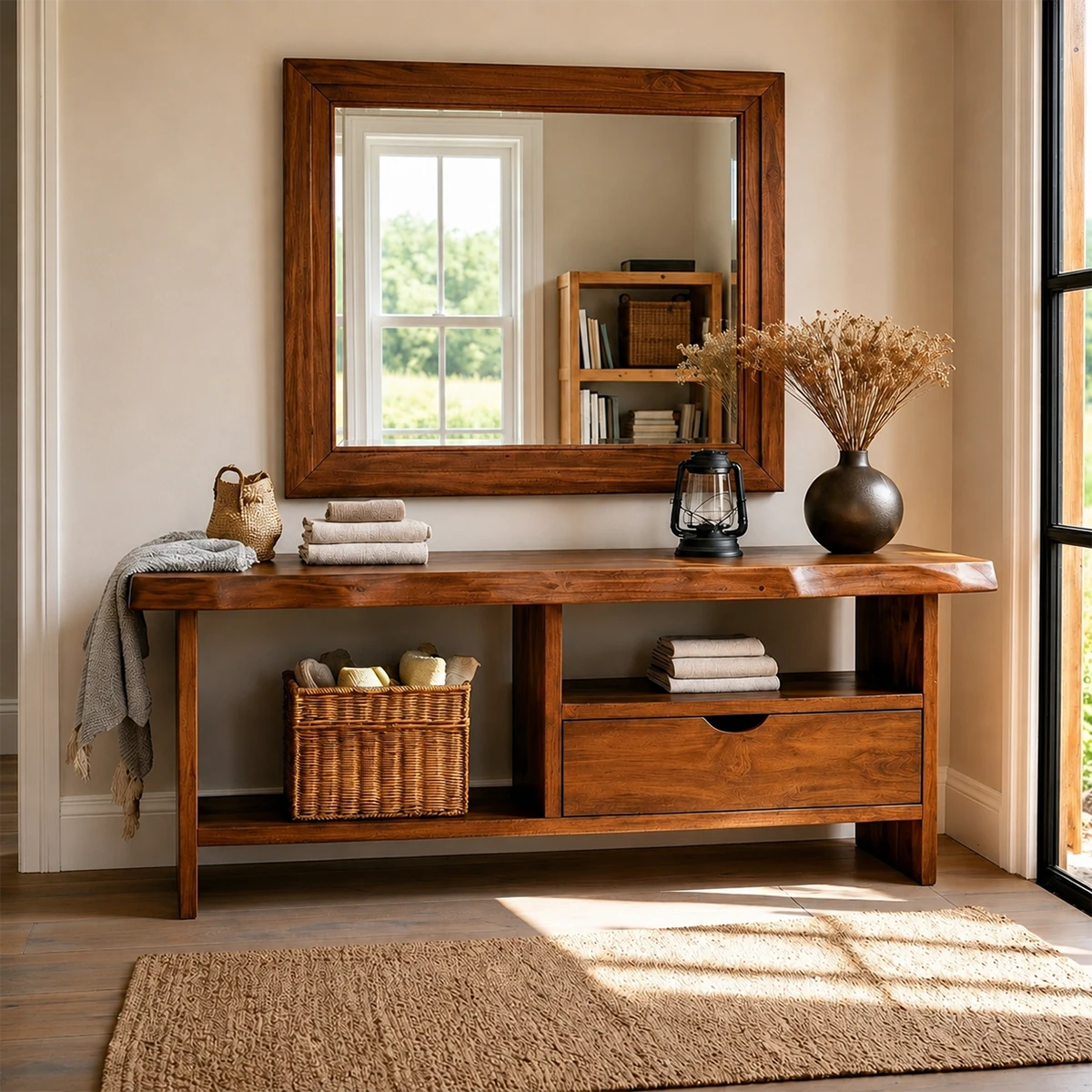 Wooden console table with mirror and decorative items in a room.