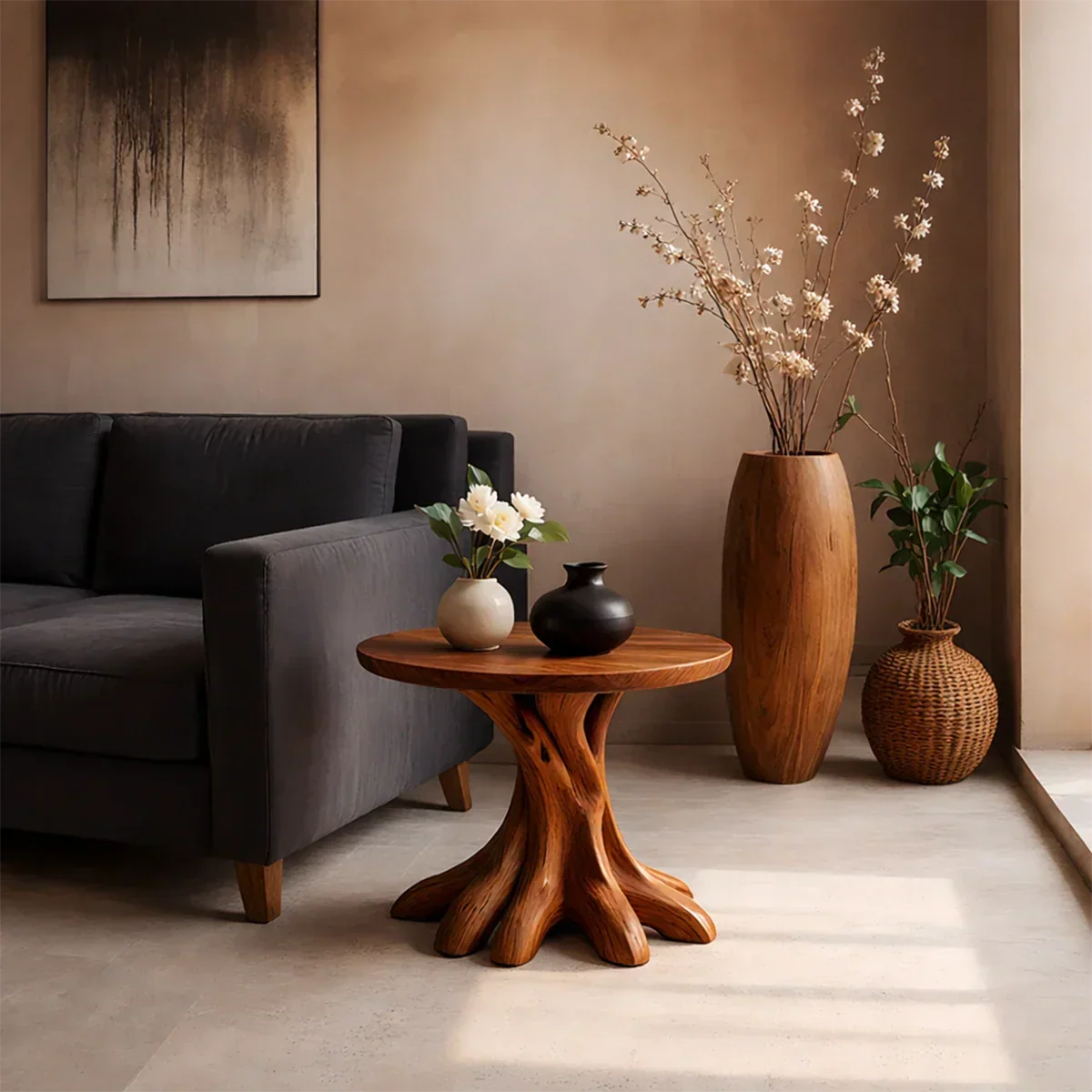 Solid Wood End Table with Round Top and Multi-Root Sculptural Base - ArborisWood - 5