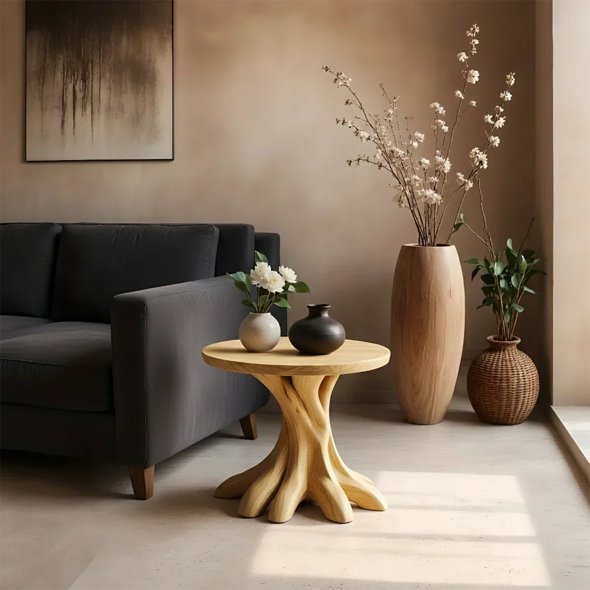 Solid Wood End Table with Round Top and Multi-Root Sculptural Base - ArborisWood - 6