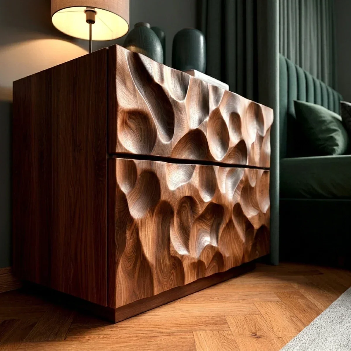 Solid Wood Nightstand with Organic Carved Front and Modern Storage Design - ArborisWood - 5