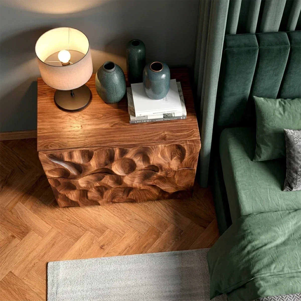 Solid Wood Nightstand with Organic Carved Front and Modern Storage Design - ArborisWood - 6