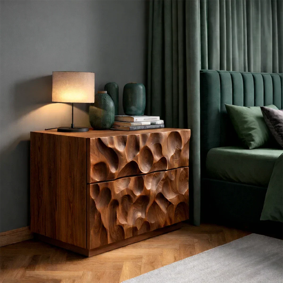 Solid Wood Nightstand with Organic Carved Front and Modern Storage Design - ArborisWood - 7