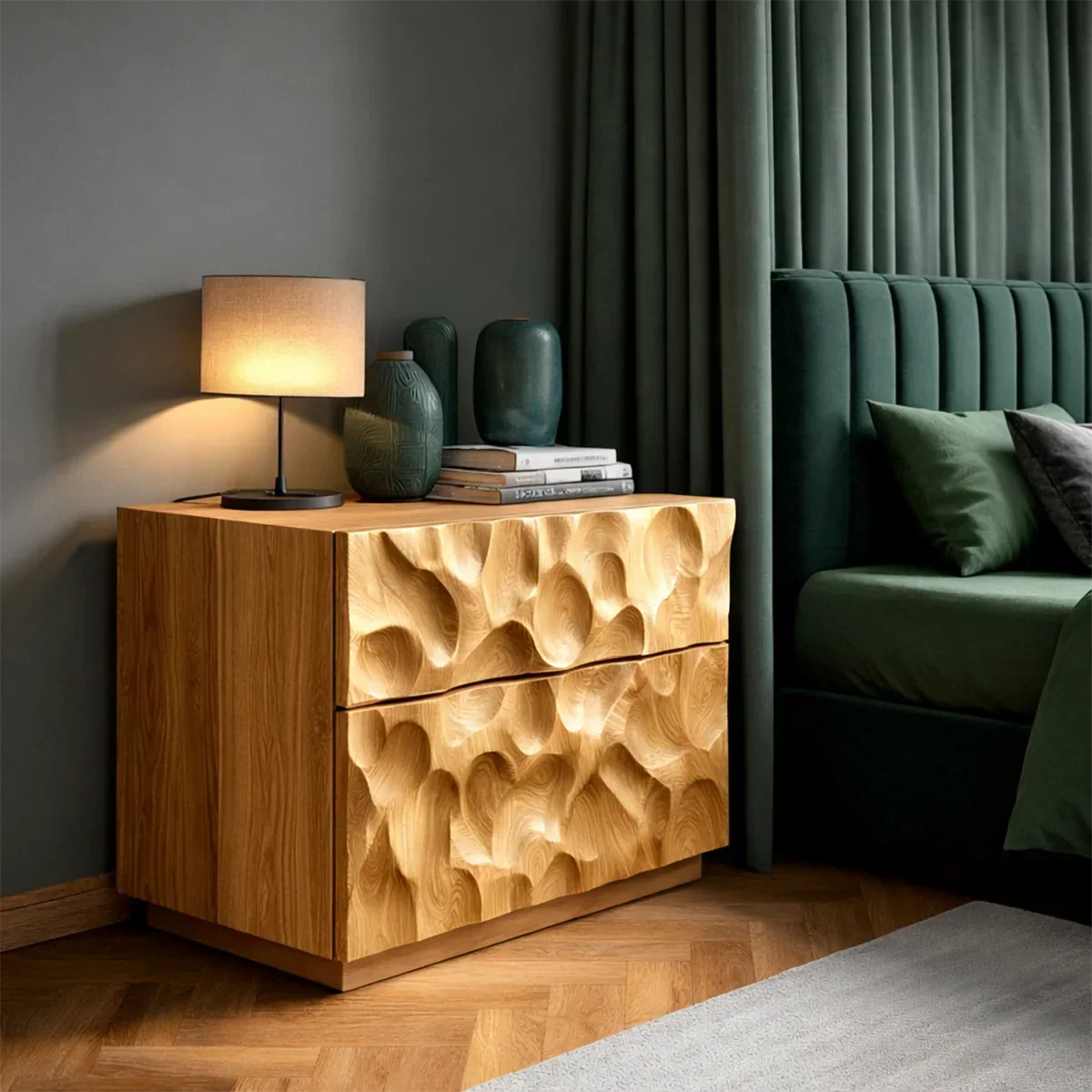 Solid Wood Nightstand with Organic Carved Front and Modern Storage Design - ArborisWood - 8