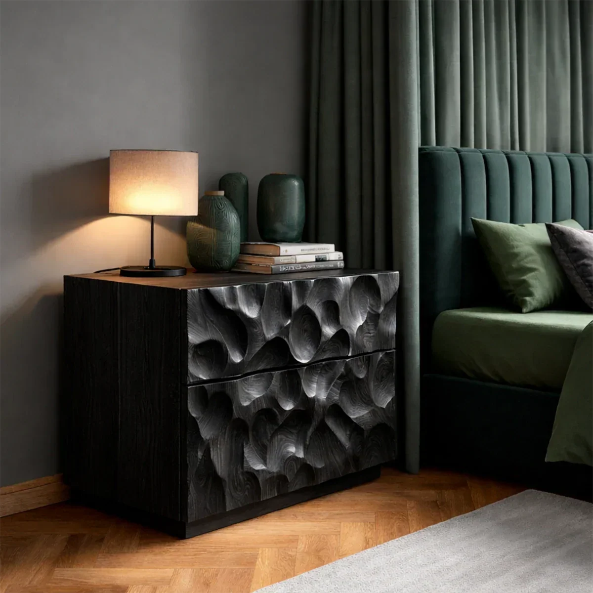 Solid Wood Nightstand with Organic Carved Front and Modern Storage Design - ArborisWood - 9