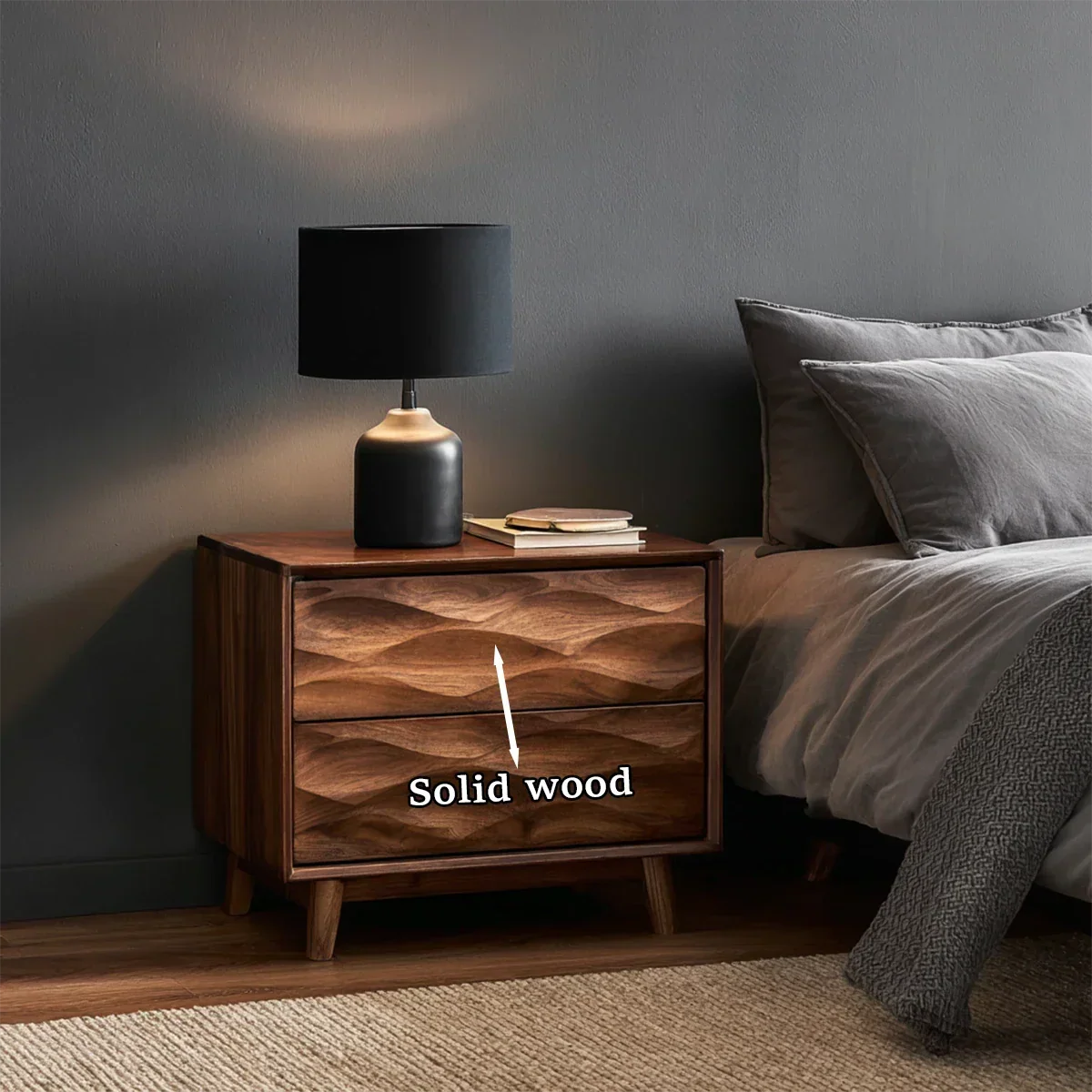 Solid Wood Nightstand with Wave Carved Front and Modern Storage Design - ArborisWood - 10