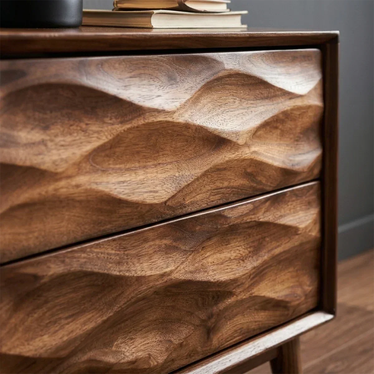 Solid Wood Nightstand with Wave Carved Front and Modern Storage Design - ArborisWood - 4