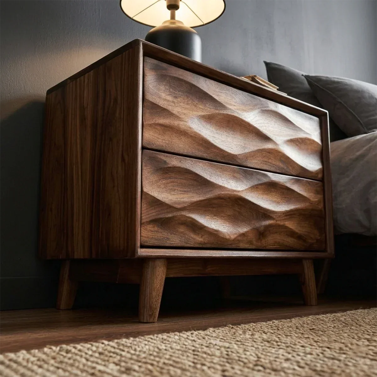 Solid Wood Nightstand with Wave Carved Front and Modern Storage Design - ArborisWood - 5