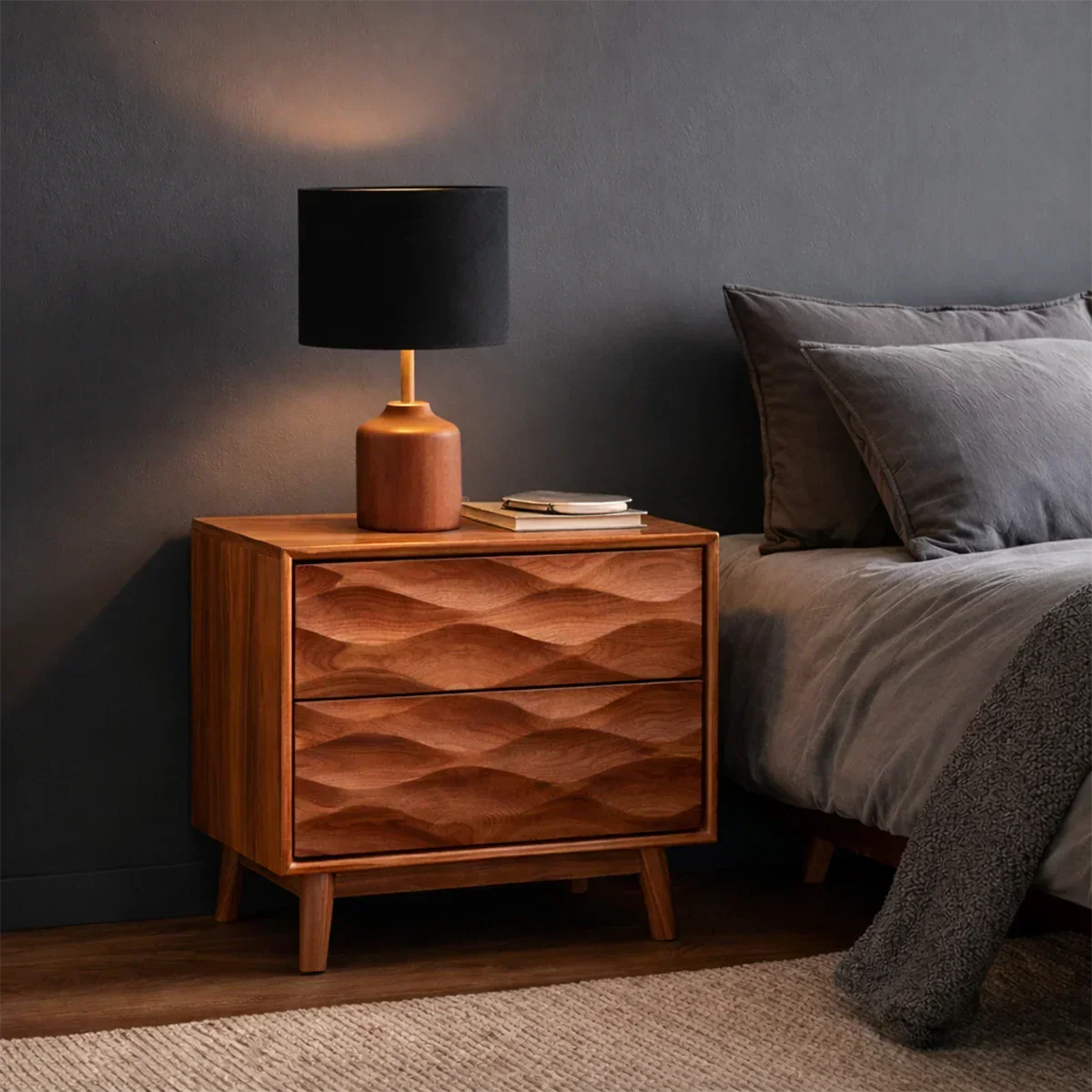 Solid Wood Nightstand with Wave Carved Front and Modern Storage Design - ArborisWood - 7