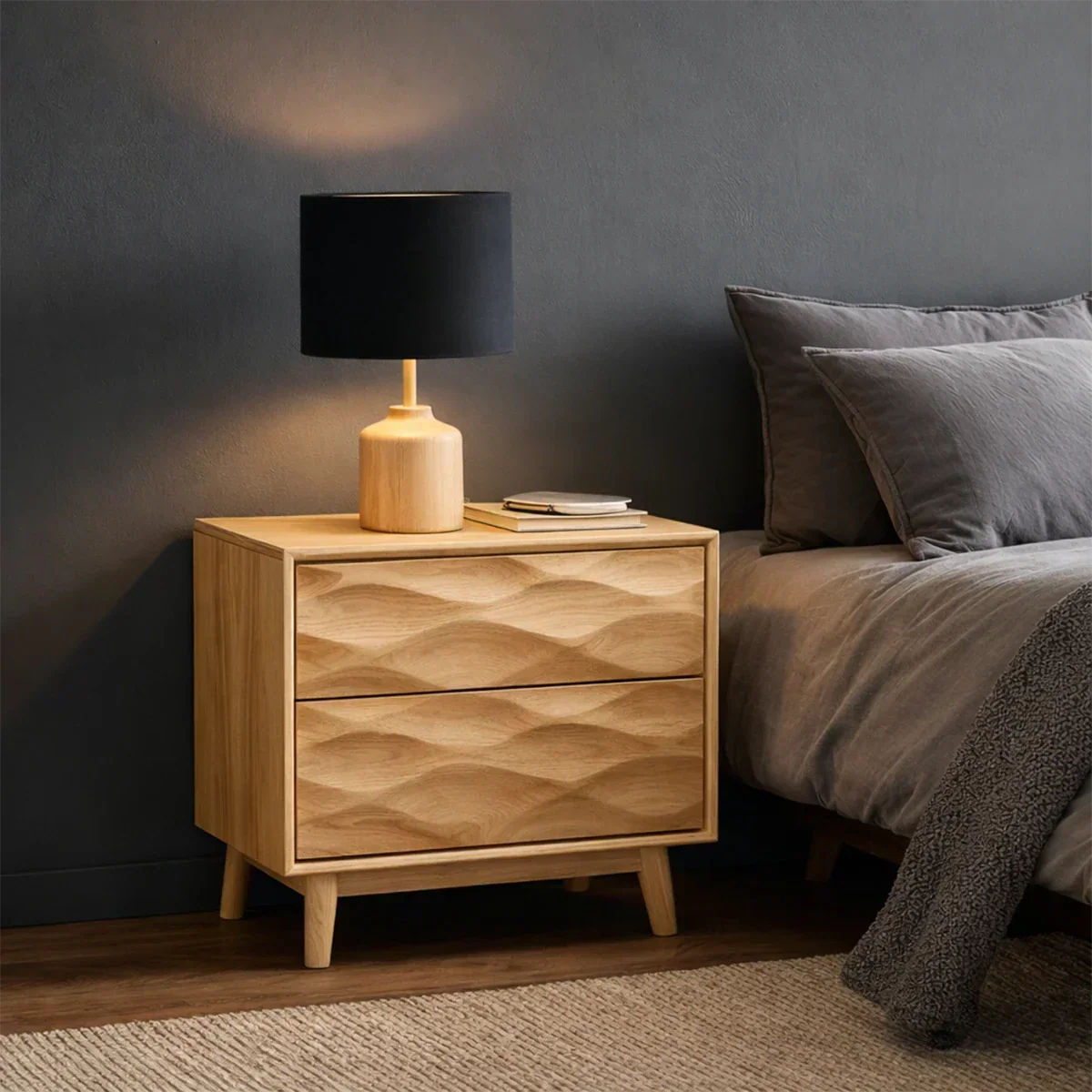 Solid Wood Nightstand with Wave Carved Front and Modern Storage Design - ArborisWood - 8