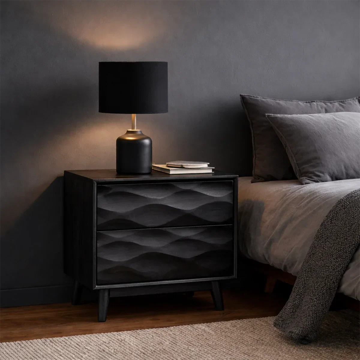 Solid Wood Nightstand with Wave Carved Front and Modern Storage Design - ArborisWood - 9