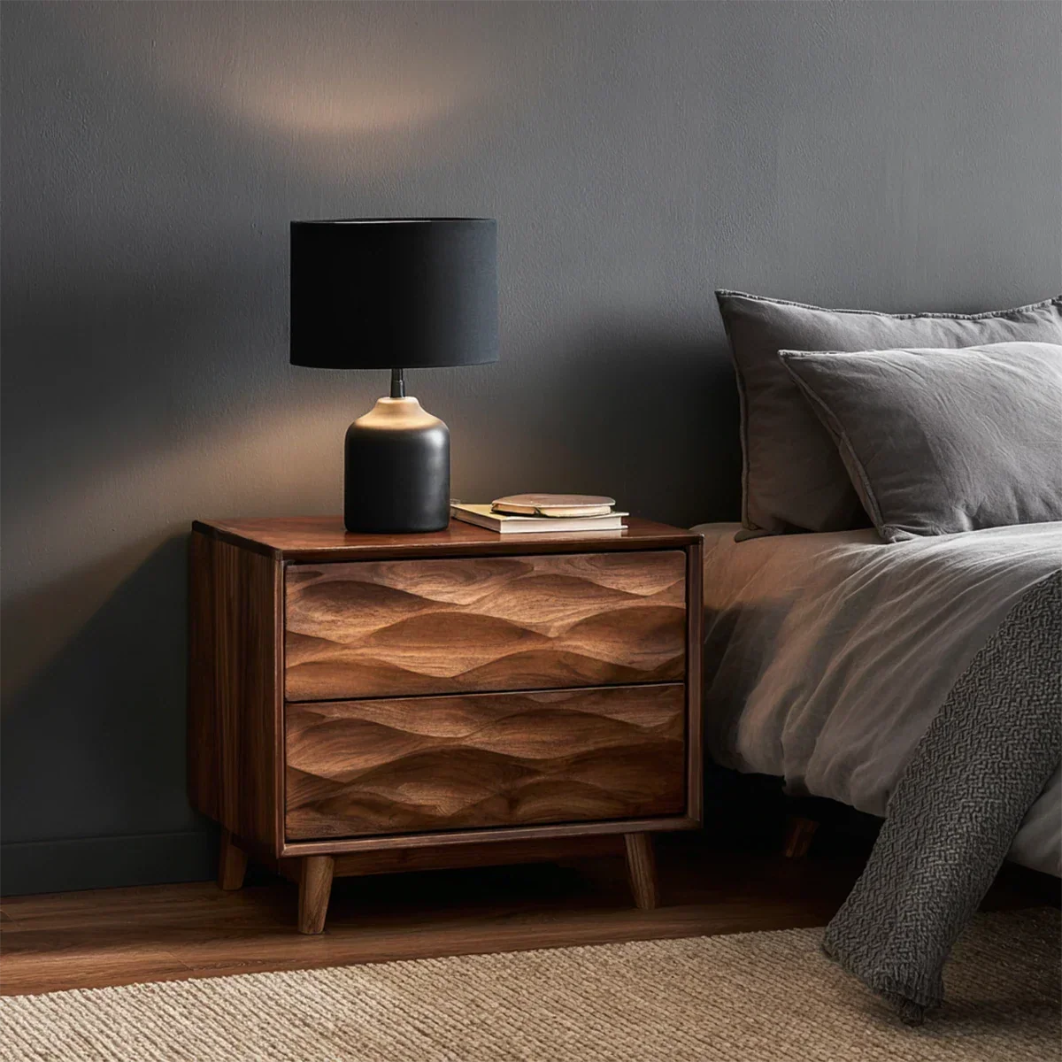 Solid Wood Nightstand with Wave Carved Front and Modern Storage Design - ArborisWood