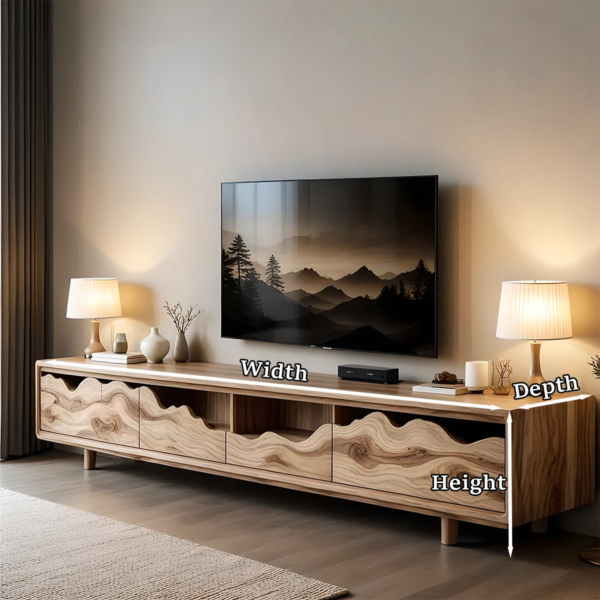 Solid Wood TV Stand with Wave Front Panels and Hidden Storage Drawers - ArborisWood - 12