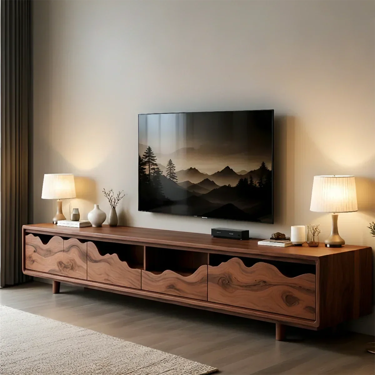Solid Wood TV Stand with Wave Front Panels and Hidden Storage Drawers - ArborisWood - 8