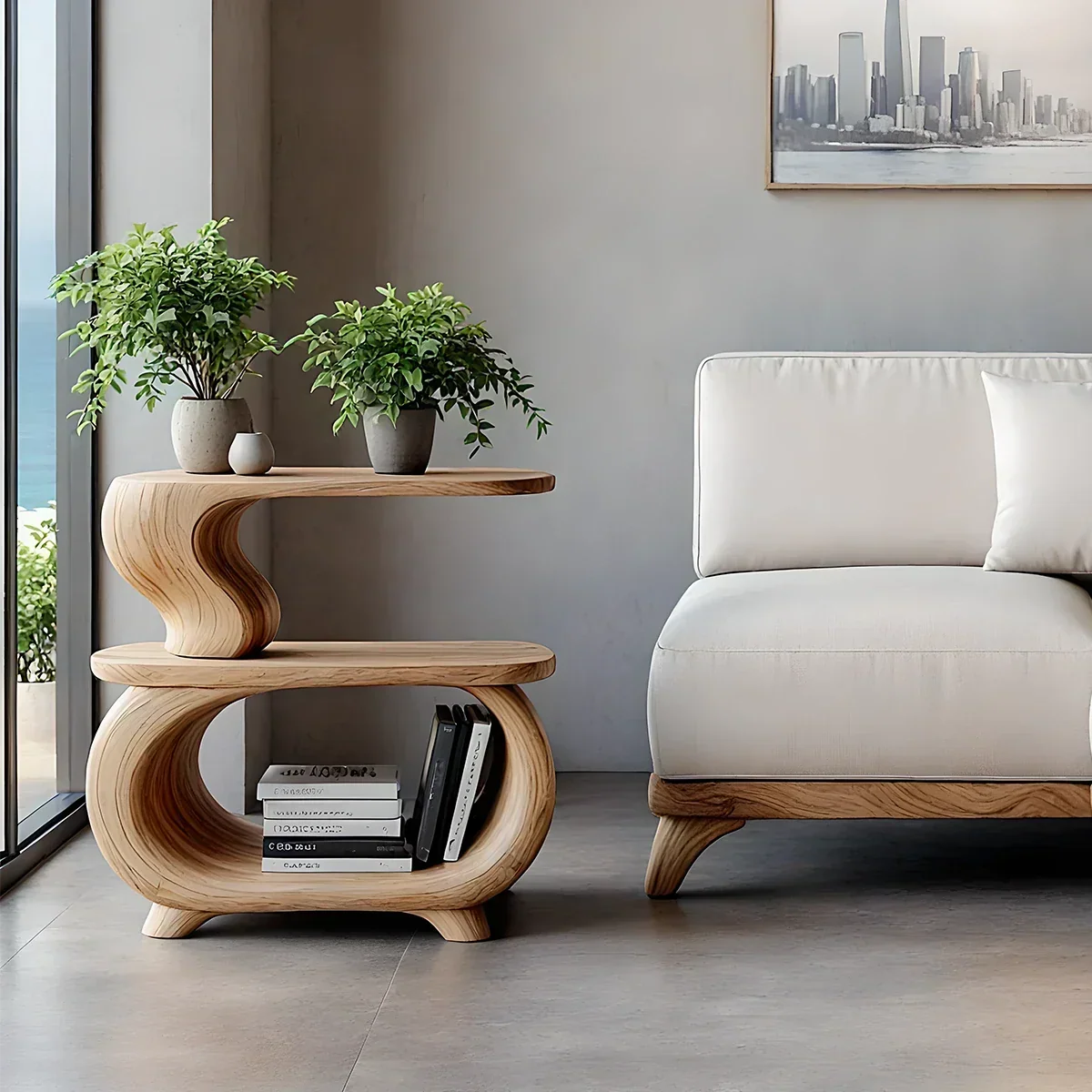 Solid Wood Two Tier Side Table with Open Shelves and Organic Form - ArborisWood - 3