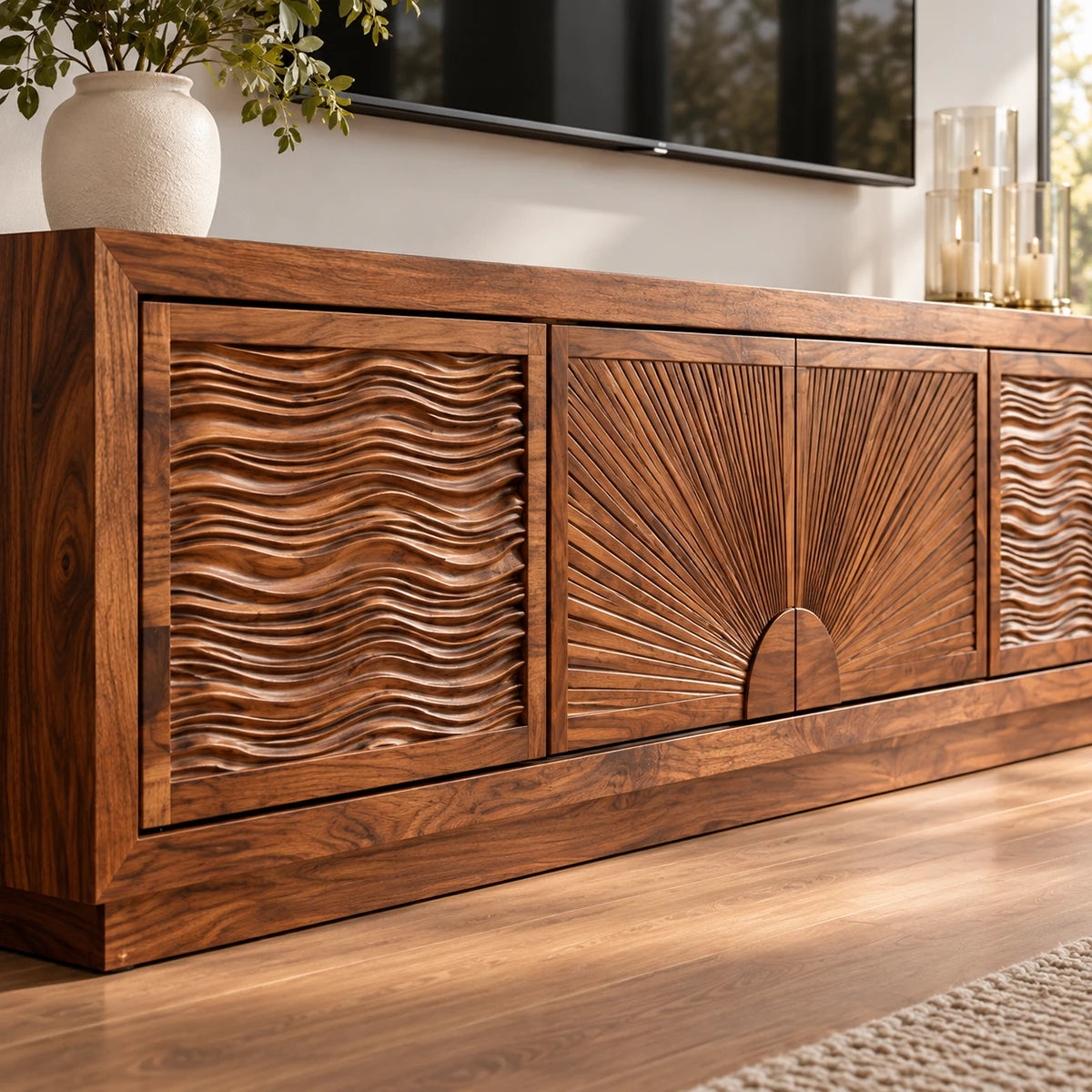 Contemporary TV console in solid wood with textured side doors and center storage
