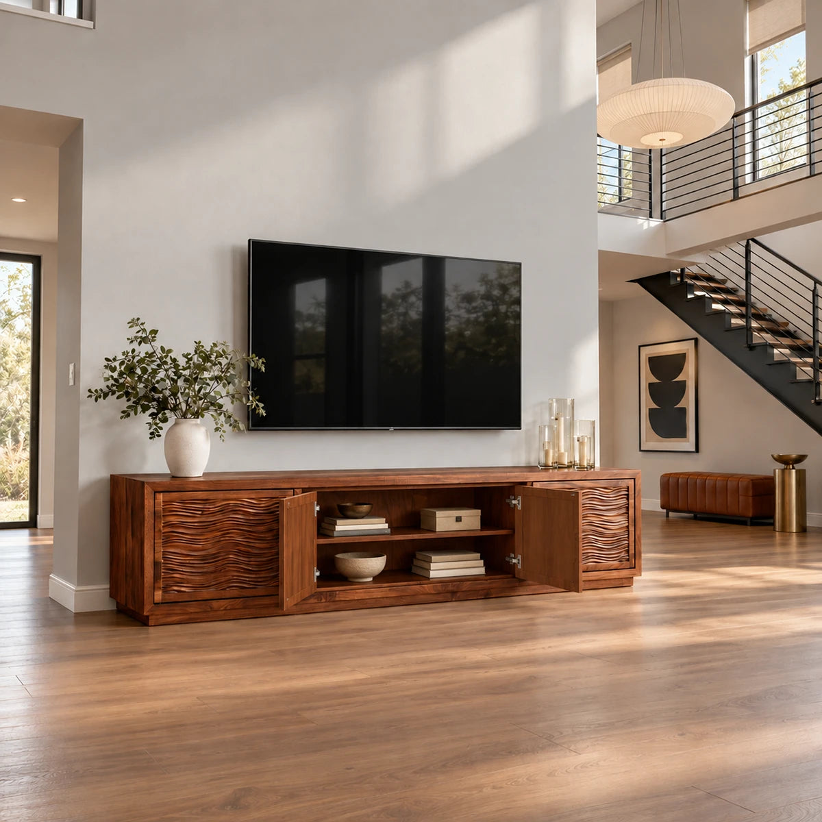 Refined media cabinet in solid wood with wave carving and a sunburst door design