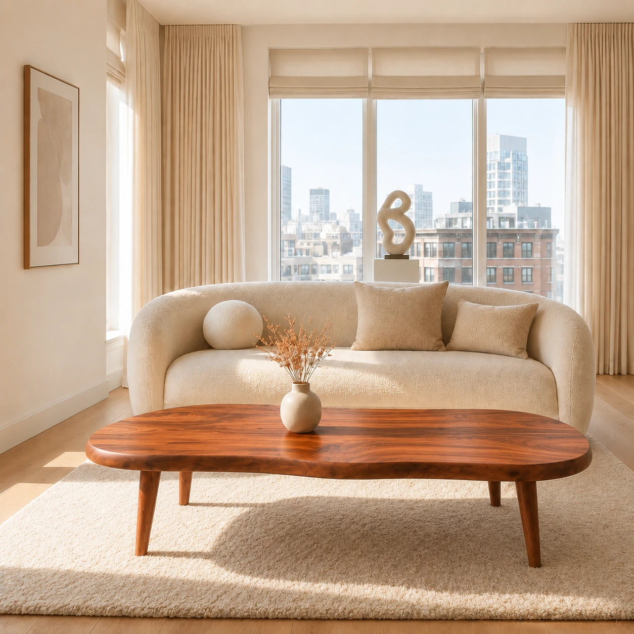 Artisan coffee table with flowing edges and solid wood form for relaxed living spaces